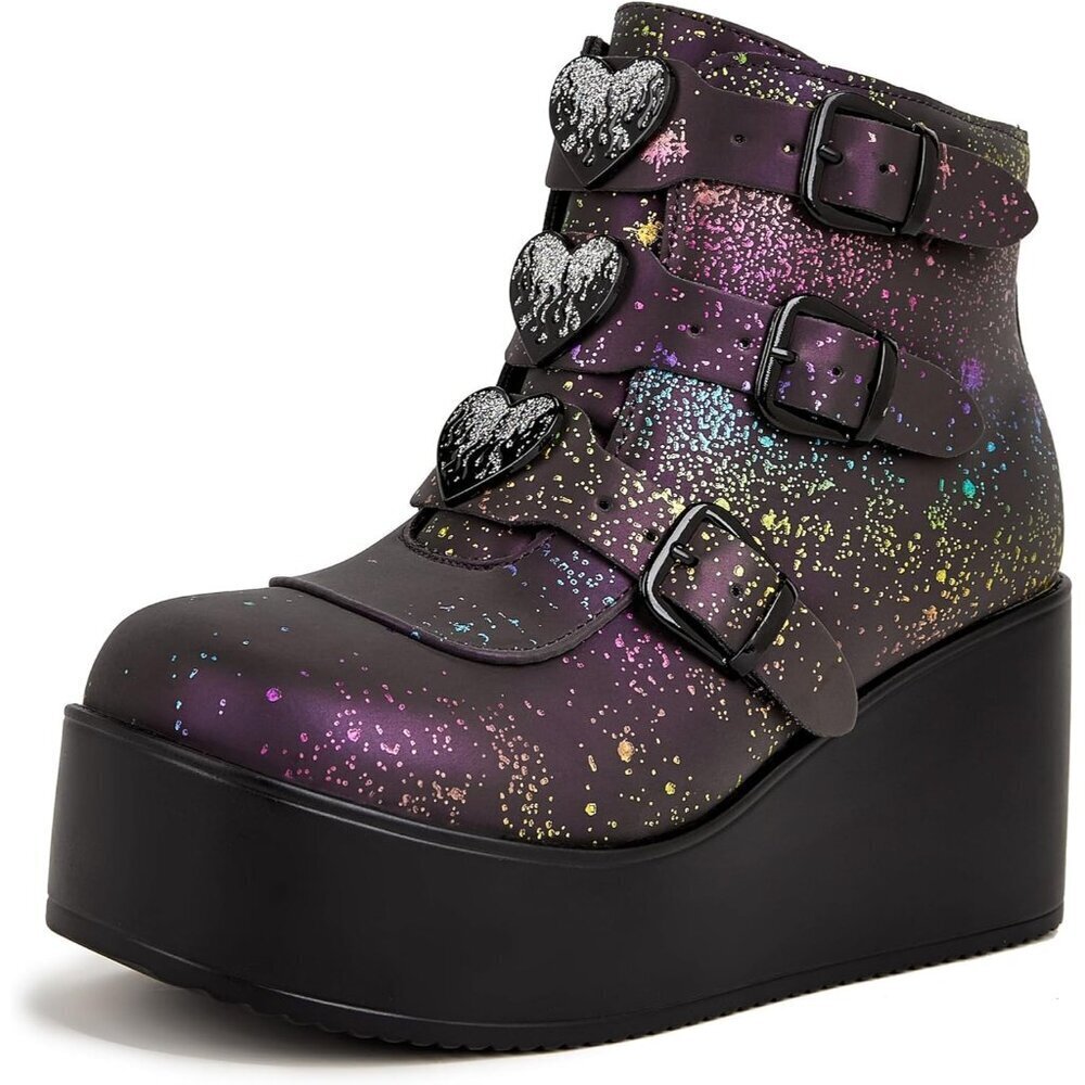 Lucky Step Women Navy Reflect Round Toe Zipper Wedges High Heel Rave Buckle Boot
